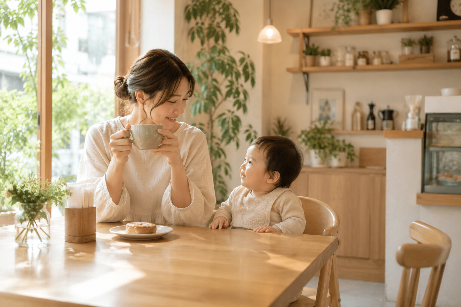 コーヒーを飲みながら穏やかな時間を過ごす様子