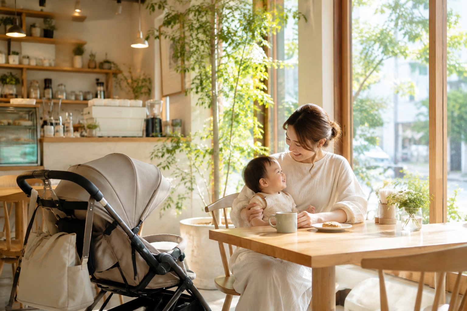 子どもと一緒にカフェで過ごす親子